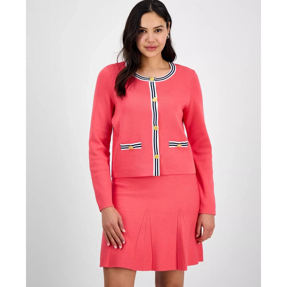 Tahari ASL Women's Striped-Trim Long-Sleeve Cardigan Coral Size M 0874